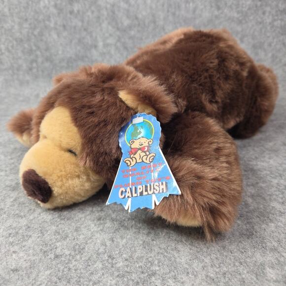 Calplush Brown Bear Plush Grizzly 14" Laying Stuffed Animal Toy Vintage Tags - Picture 1 of 9